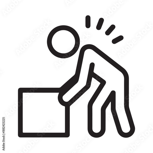 a simple line drawing depicting a person lifting a box showcasing strain and potential back injury risks