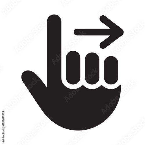 a simple black icon depicting a hand pointing to the right with a distinct arrow symbol direction