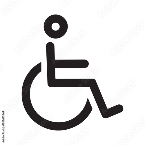 a simple black and white icon depicting a person seated in a wheelchair symbolizing accessibility and disability