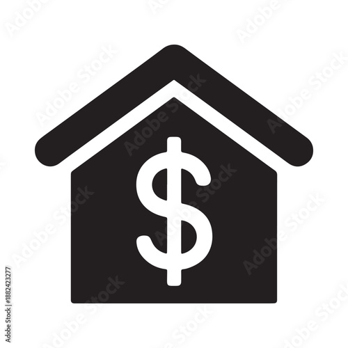 a simple black and white icon depicting a house silhouette with a dollar sign symbol prominently displayed inside