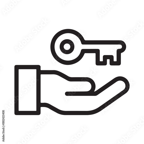 a simple black and white line drawing depicting a key floating above an open hand symbolizing access