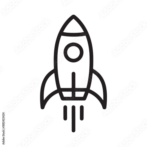 a simple black and white line drawing depicting a rocket ship with flames emanating from its base