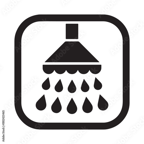a black and white icon depicting a shower head with water droplets inside a square border design