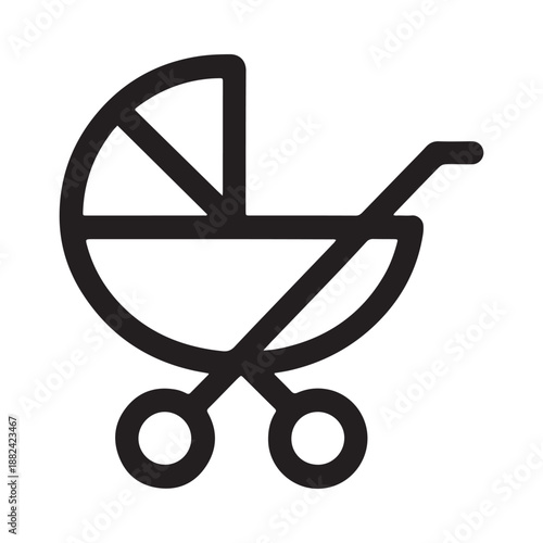 a simple black and white line drawing of a baby stroller clearly showing its basic form and structure