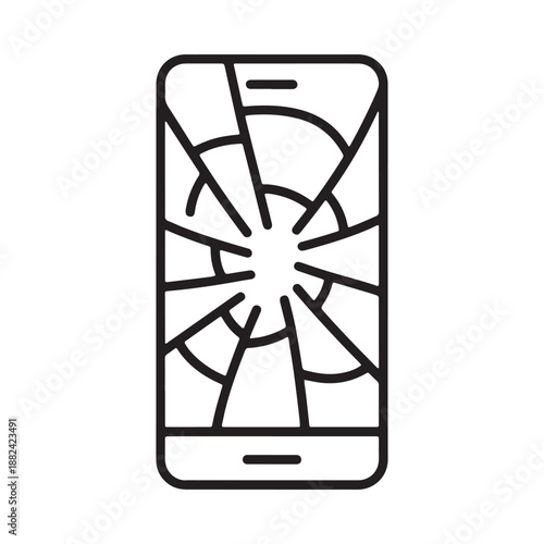 a simple black and white outline drawing depicting a shattered mobile phone screen with cracks and damage