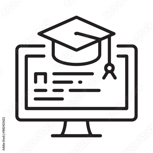a line drawing depicting an academic graduation cap resting on top of a digital tablet screen icon