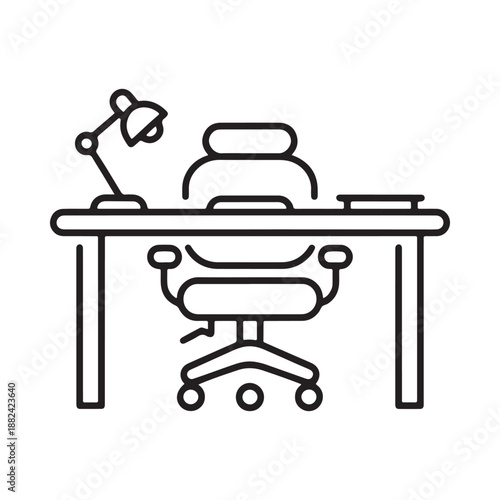 a simple line drawing depicts an office desk with a chair lamp and stacked papers creating a workspace scene