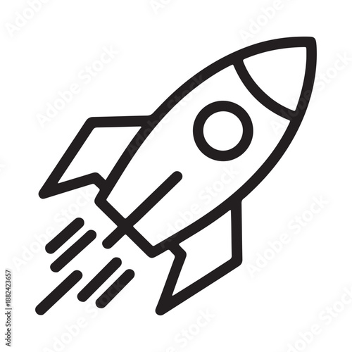 a simple black and white line drawing depicting a rocket ship soaring upwards with visible exhaust flames