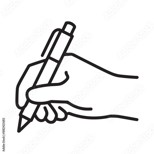 a simple line drawing depicts a hand holding a pen and writing on a blank surface clearly visible