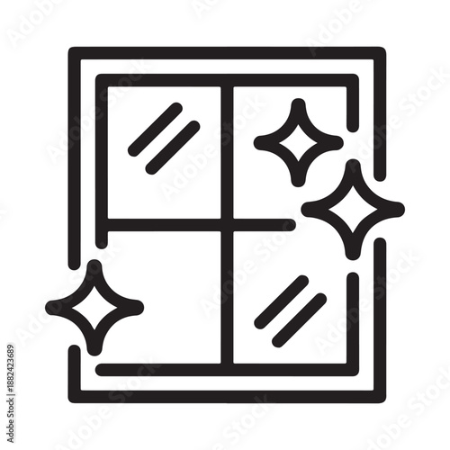 a simple black and white vector icon depicting a window with four panes and sparkling star shapes