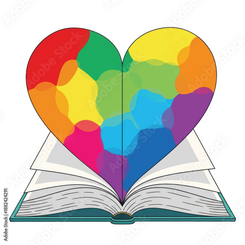 Colorful puzzle heart emerging from open book symbolizing learning, imagination, and compassion across colors.