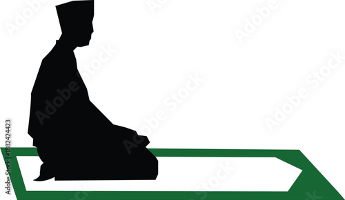 Silhouette illustration of a person engaging in Islamic prayer on a mat, symbolizing devotion, spirituality, and religious practice