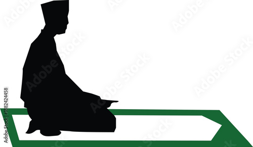 Silhouette of a Muslim man praying on a prayer rug, illustrating Islamic faith and devotion