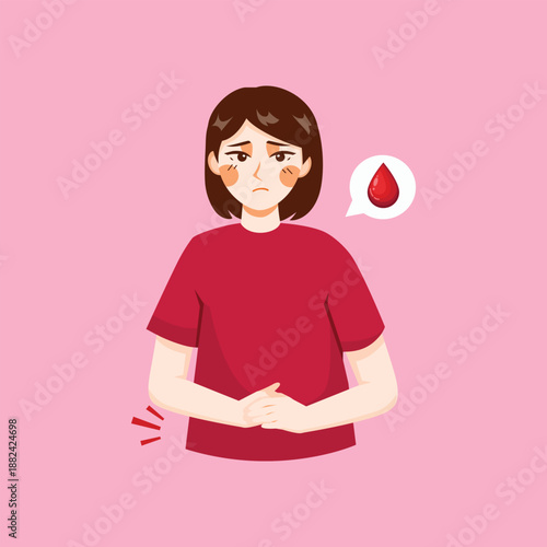 An illustration of a woman holding her stomach representing abdominal pain, menstrual cramps, or digestive discomfort.