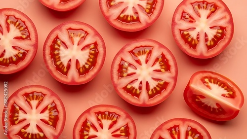 Elegant arrangement of fresh tomato slices on a warm coral backdrop
