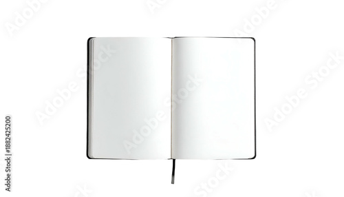 An open journal lays on a dark surface, revealing two blank pages. It is a simple composition with clean lines. The notebook has a bookmark