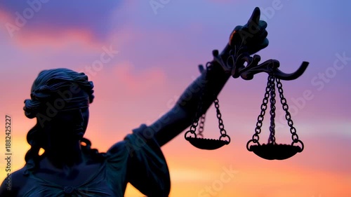 a silhouette of lady justice holding scales against a vibrant sunset, embodying legal principles and the administration of justice