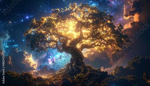 Wallpaper Mural Celestial Tree of Life - A Cosmic Tapestry of Light and Shadow. Torontodigital.ca