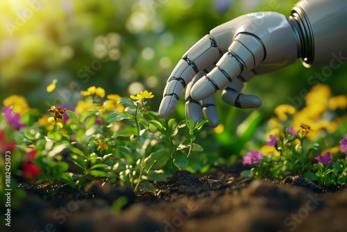 Robot hand planting flower blooming in garden showing innovation and sustainable agriculture blending nature with innovation.
