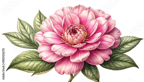 Lush camellia watercolor botanicalprint wallart poster. Romantic rosepink bloom illustration valentine card design. Antique victorian floral emblem monogram branding element