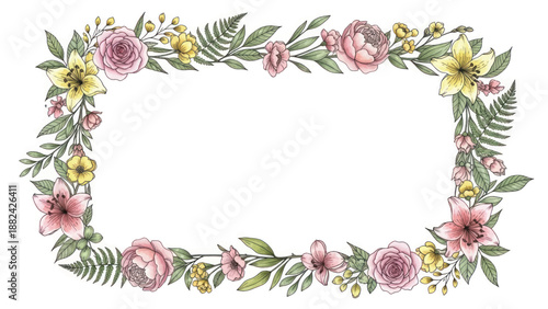 Floral border frame with pink roses and green foliage, decorative border design.