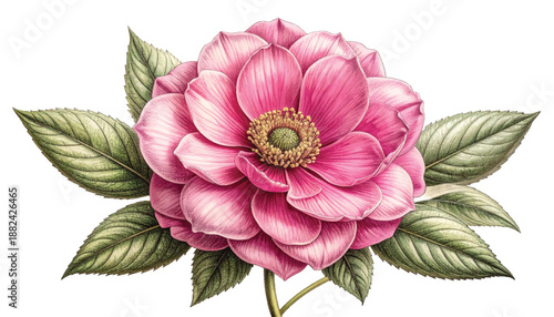 Elegant ranunculus illustration minimalist whitespace banner. Soft anemone bloom artwork boutique flyer template. Pink botanical flowerhead clipart spa skincare packaging