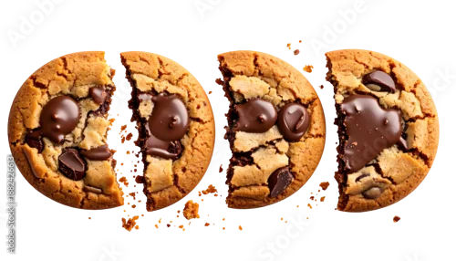 Obraz Close-up of a perfectly baked, partially broken chocolate chip cookie, revealing its textured interior and melted chocolate