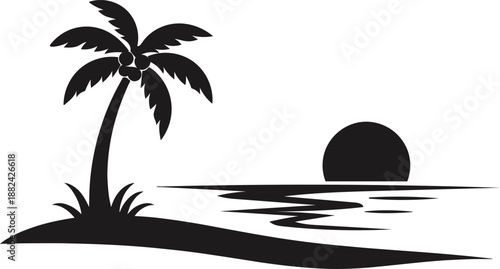 WTropical Island Sunset Silhouette with Palm Tree and Water Reflectioneb