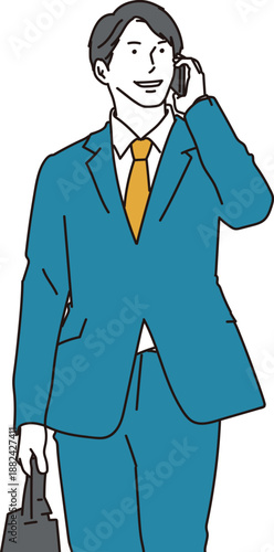 スマホで話しながら歩く男性ビジネスパーソンのイラスト素材