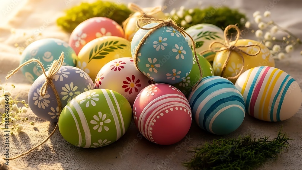 Fototapeta premium A collection of colorful Easter eggs with floral patterns and stripes