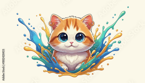 Delightful cartoon kitten with mesmerizing big blue eyes, emerging from a lively splash of vibrant blue and yellow colors, a cheerful and dynamic graphic