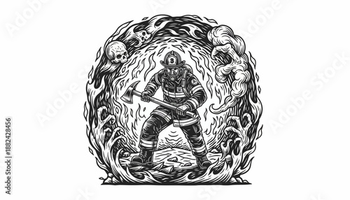 Brave Firefighter Wielding Axe Amidst Inferno and Skulls, an Emblem of Heroic Courage and Unyielding Resilience Against Overwhelming Danger