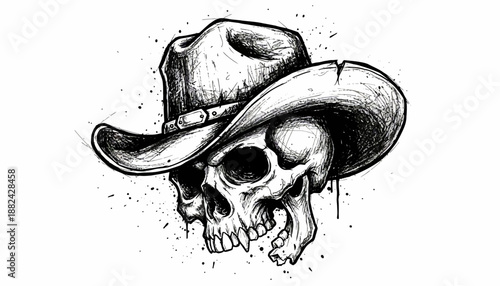 Illustrative Tattoo Design of a Skull Wearing a Cowboy Hat, Embodying a Western Aesthetic and a Touch of Rebellion