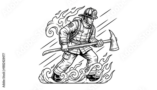 Illustration of a brave firefighter in protective gear holding an axe, surrounded by flames and smoke during a dangerous rescue operation