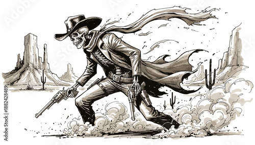 Dynamic illustration of a fearless skeletal cowboy gunslinger in a duster coat and hat, running with revolvers through a dusty Wild West desert landscape, capturing action and dark fantasy elements