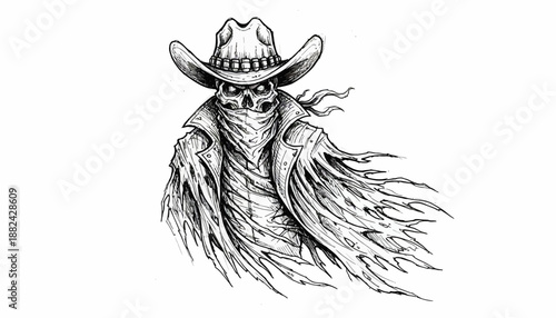 Spooky Skeleton Cowboy Wearing a Hat and Bandana, Illustrated in a Gothic Style