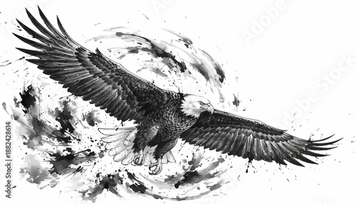 Artistic monochrome vector illustration of a majestic eagle in powerful flight, showcasing impressive wing span and dynamic motion with an expressive abstract backdrop