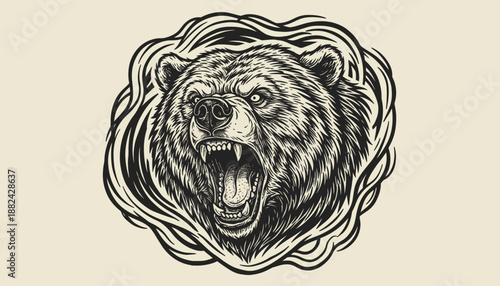 Intensely detailed illustration of a ferocious bear's head, roaring with primal power, encircled by an abstract, swirling design, embodying untamed wilderness and powerful natural spirit