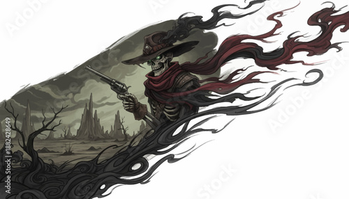 Western Skeleton Cowboy with a Gun in a Dusty, Desolate Landscape