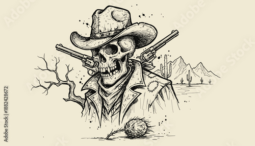 Vintage Skeleton Cowboy with Crossed Guns in a Desert Landscape Illustration