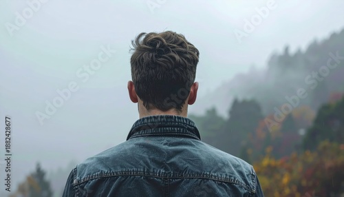 Contemplative man gazing at misty mountain landscape from behind.
