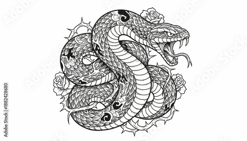 Detailed illustration of a coiled snake with an open mouth, surrounded by thorny vines and roses, presented in a striking black and white graphic style