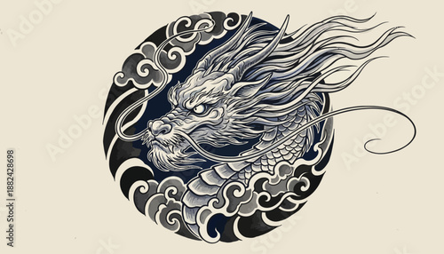 Intricate Traditional Chinese Dragon Illustration with Swirling Clouds in a Dynamic Circular Emblem Style, Capturing Ancient Asian Mythology and Spiritual Power