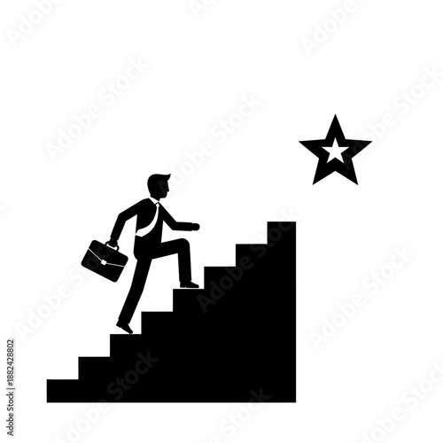 Businessman climbing stairs towards a star symbolizing success and achievement.
