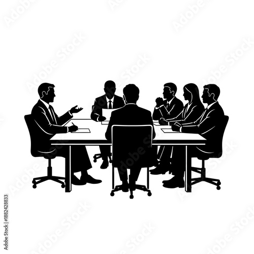 Business professionals engaged in a meeting discussion around a table.