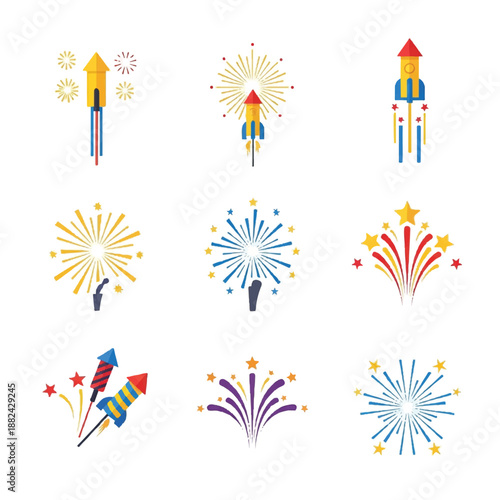 Colorful Fireworks and Rockets Illustration Set.