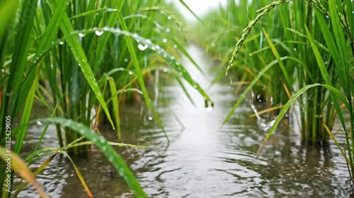 Close-up of green rice plants with rain and water droplets, creating a serene and natural scene