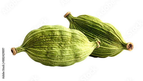 Wallpaper Mural Close-up of two green cardamom pods isolated on a stark black background. The pods exhibit detailed texture and a natural hue Torontodigital.ca