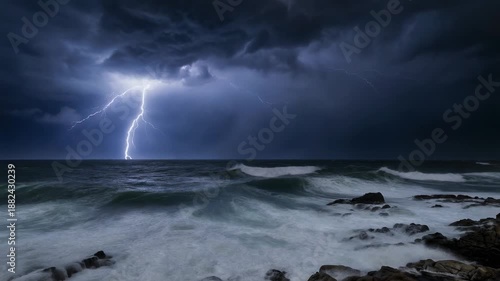 Wallpaper Mural Dramatic lightning strikes over stormy ocean waves at night, capturing nature's raw power. Torontodigital.ca