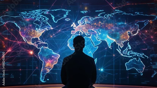 Wallpaper Mural Futuristic data visualization of global connections with colorful network lines and a contemplative silhouette Torontodigital.ca